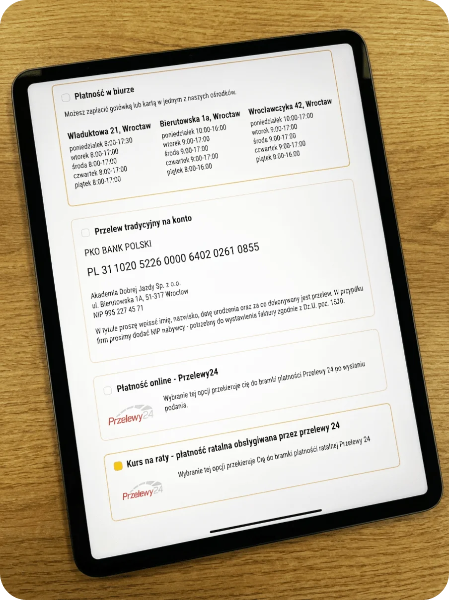 opcje płatności za kurs
